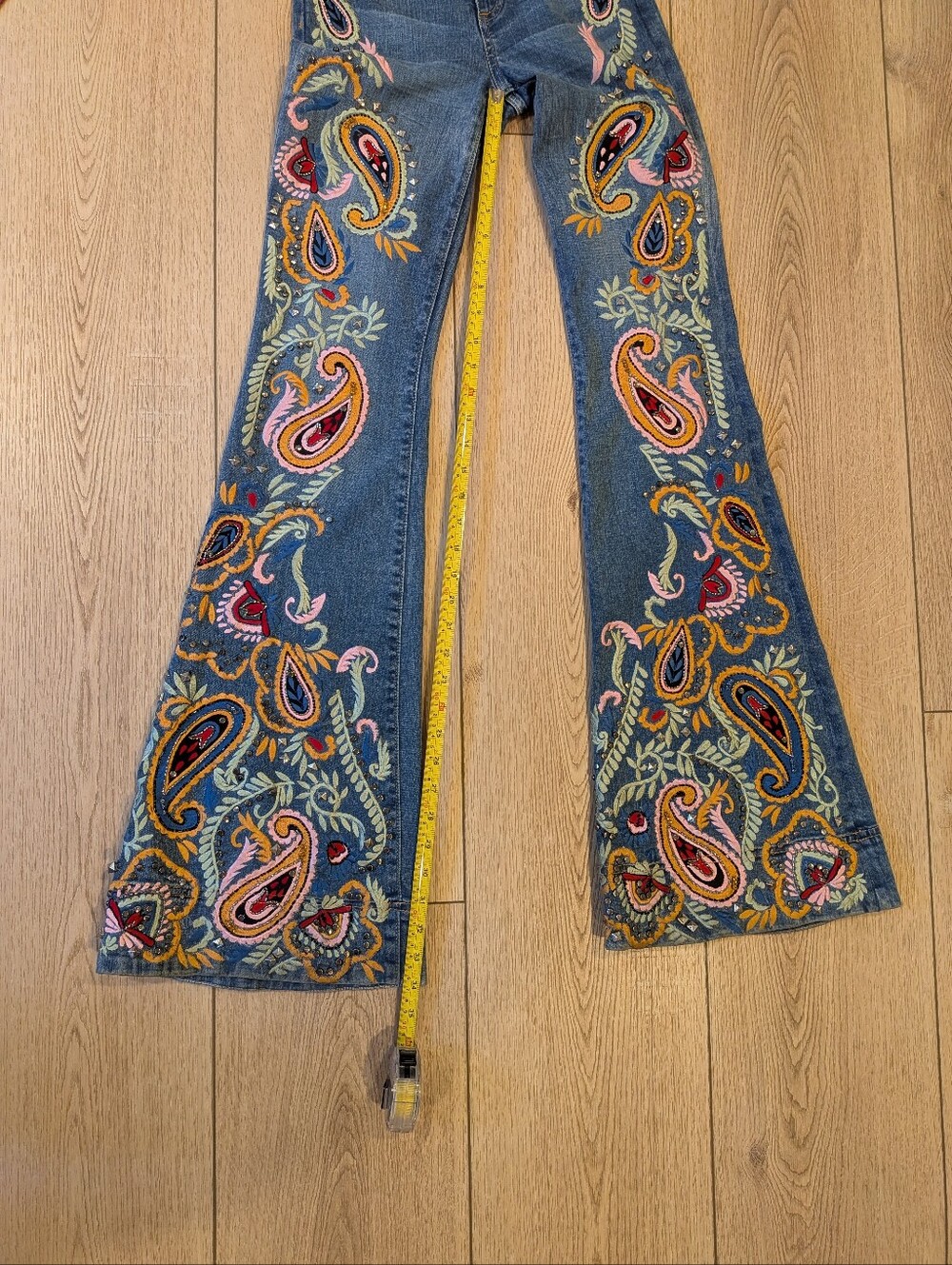 Alice + Olivia Denim Flare Jeans with Multicolor Paisley Embroidery - Picture 15 of 16